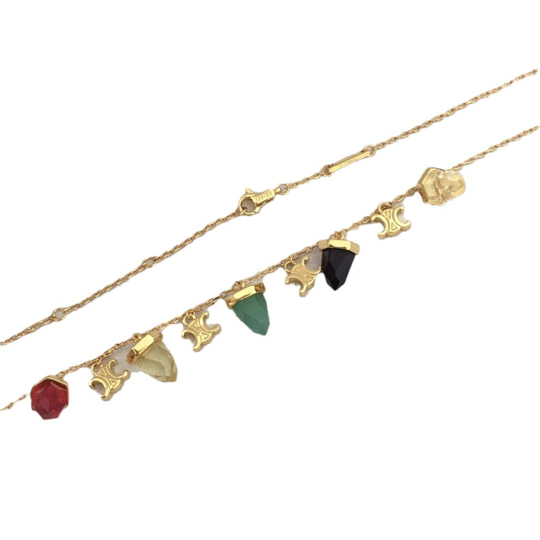 赛家新款彩色凯旋门琉璃项链女高级感个性气质黄铜镀金锁骨链