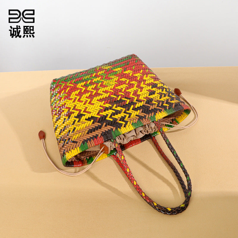 高端定制真皮菜篮子手提包彩色手工编织托特包森系潮流单肩腋下包