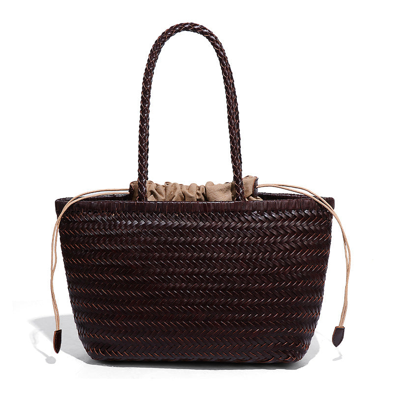 ins新款菜篮手提包休闲百搭手工编织托特包大容量牛皮单肩腋下包