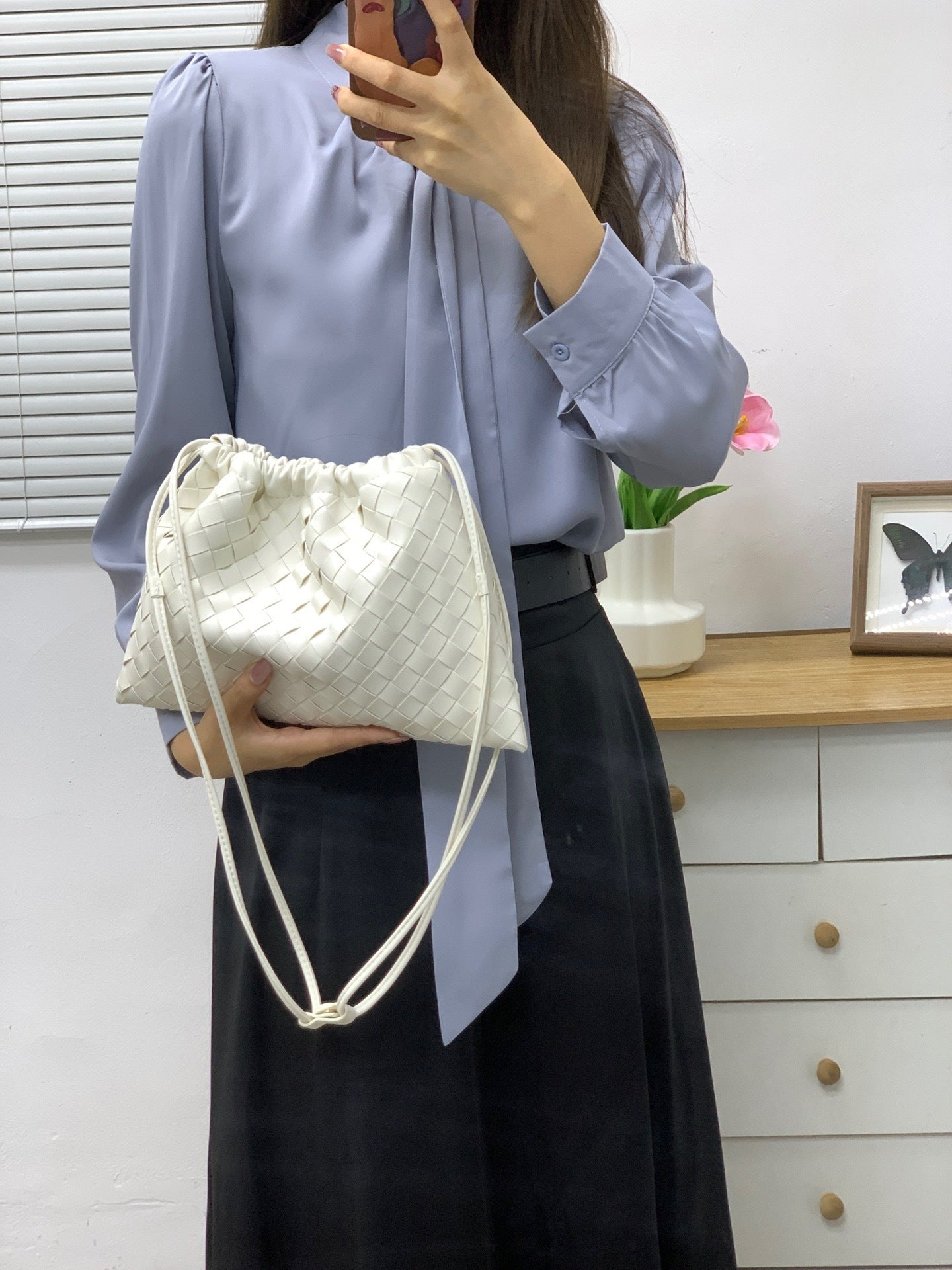 外贸包羊皮编织垃圾袋手拿包抽绳福袋包百搭大容量单肩斜挎包包女