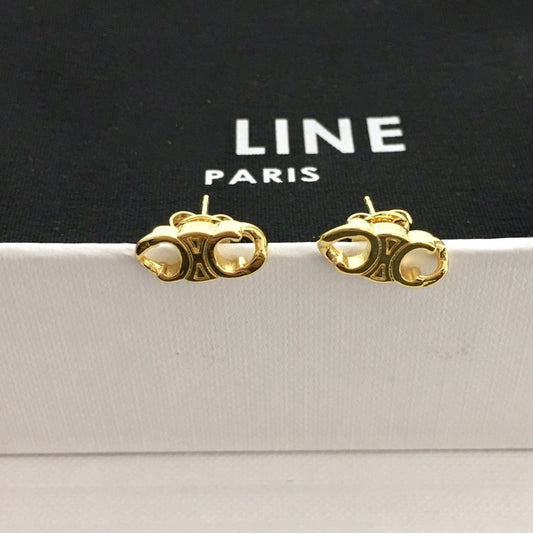 CEL风22新款凯旋门耳钉女高级感光面气质黄铜镀24K厚金银针耳环