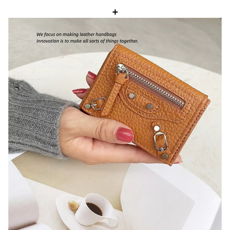 头层牛皮机车三折钱包女士小众风韩版短款钱夹大容量零钱一体卡包