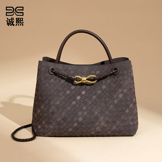 2025新款大容量手提托特包手工编织女包质感磨砂麂皮绒单肩斜跨包