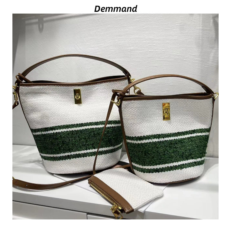夏季帆布包包女2022新款今年流行托特包上班手工编织大容量水桶包