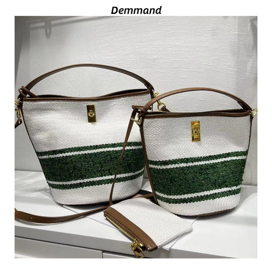 夏季帆布包包女2022新款今年流行托特包上班手工编织大容量水桶包