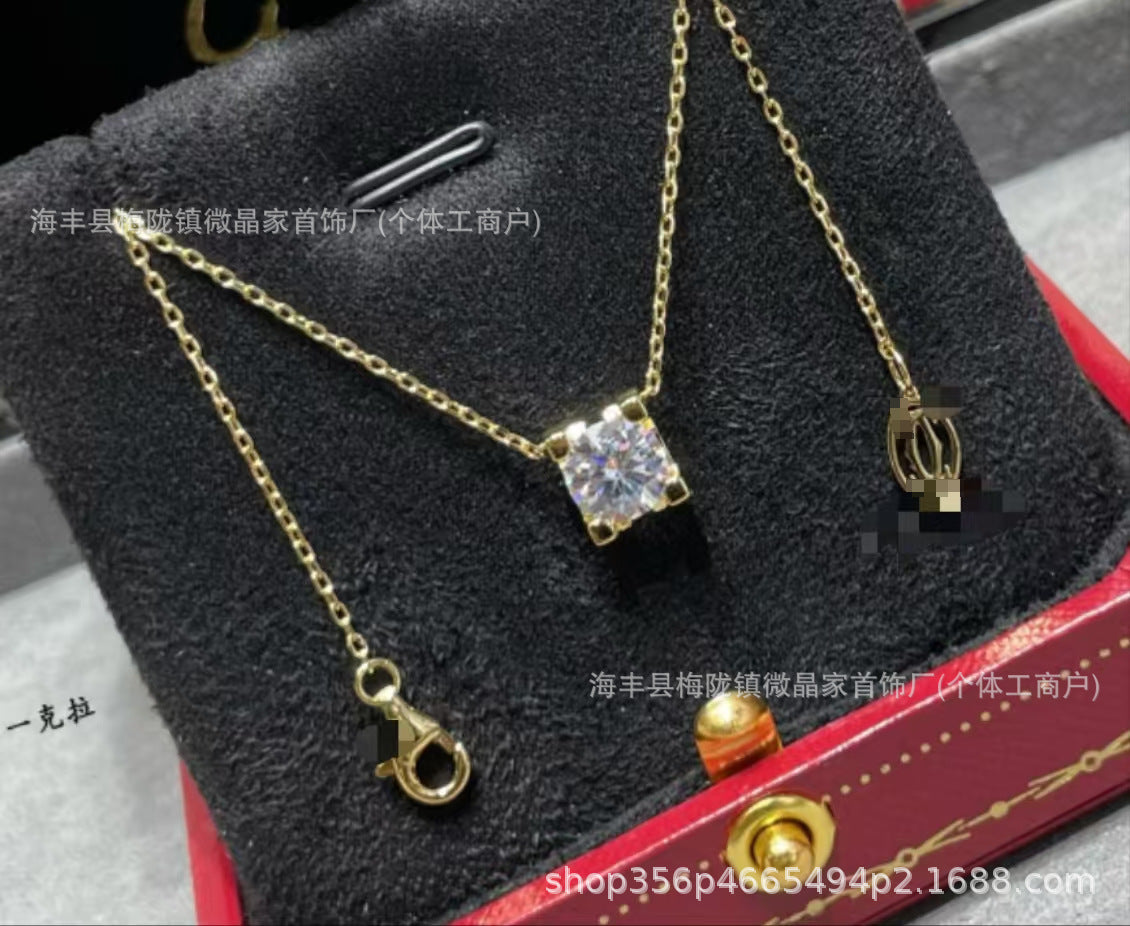 高版本卡家牛角单钻项链女精工CNC四爪镶钻石吊坠轻奢时尚锁骨链