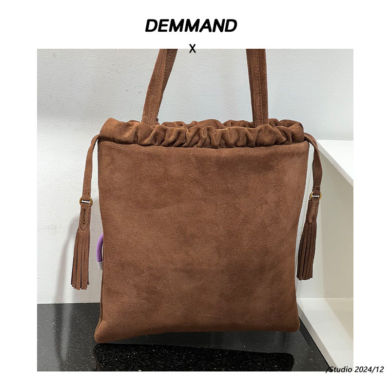 2024秋冬新款休闲百搭磨砂麂皮流苏单肩腋下包托特包包女包日韩潮