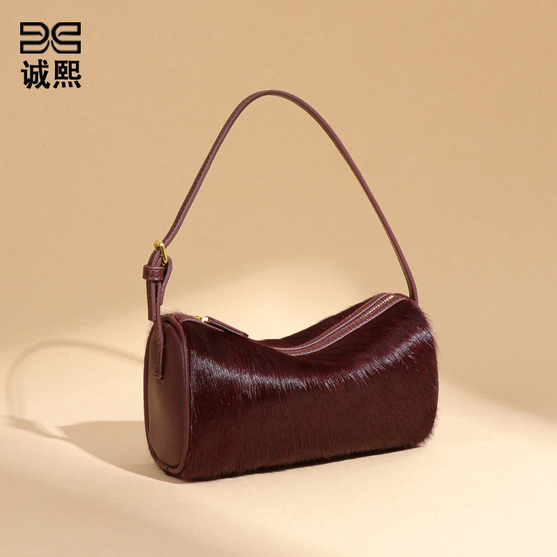 跨境真皮马毛豹纹手提女包高级感百搭单肩腋下包斜跨波士顿枕头包