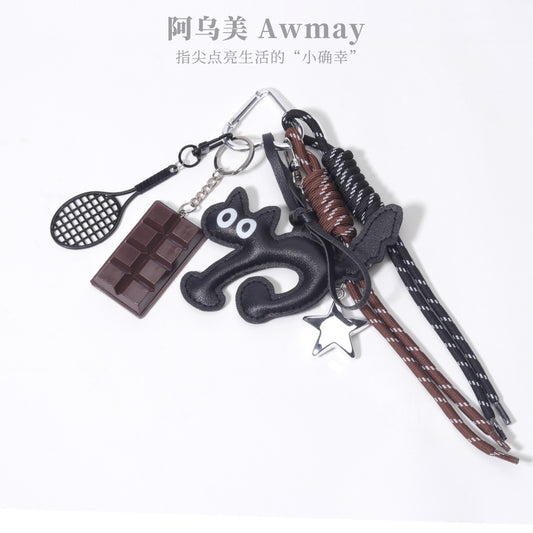 饰品工厂量大价优PU皮质大眼猫巧克力网球拍包包挂件挂饰钥匙扣挂