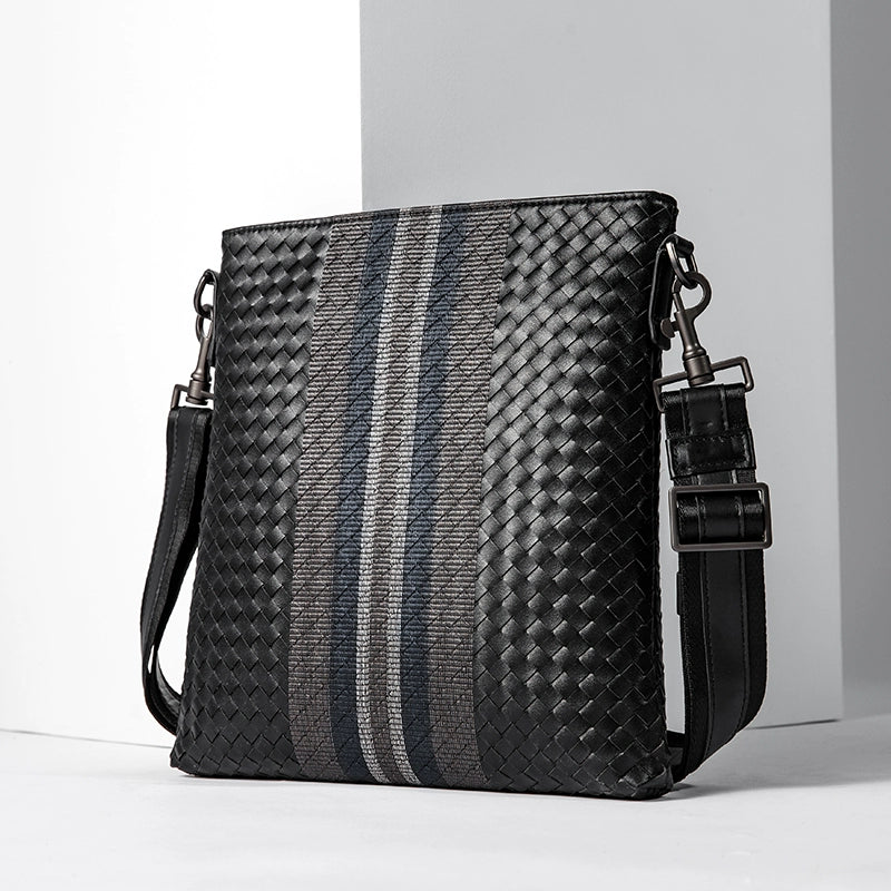X&BV单肩包男真皮休闲男士斜挎包新潮竖款时尚牛皮编织男包小背包