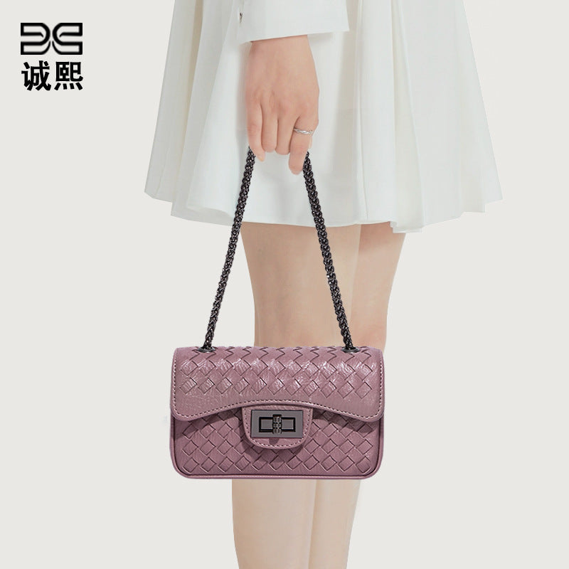 时尚百搭小方包小香风链条单肩斜挎女包简约休闲纯色手工编织包包