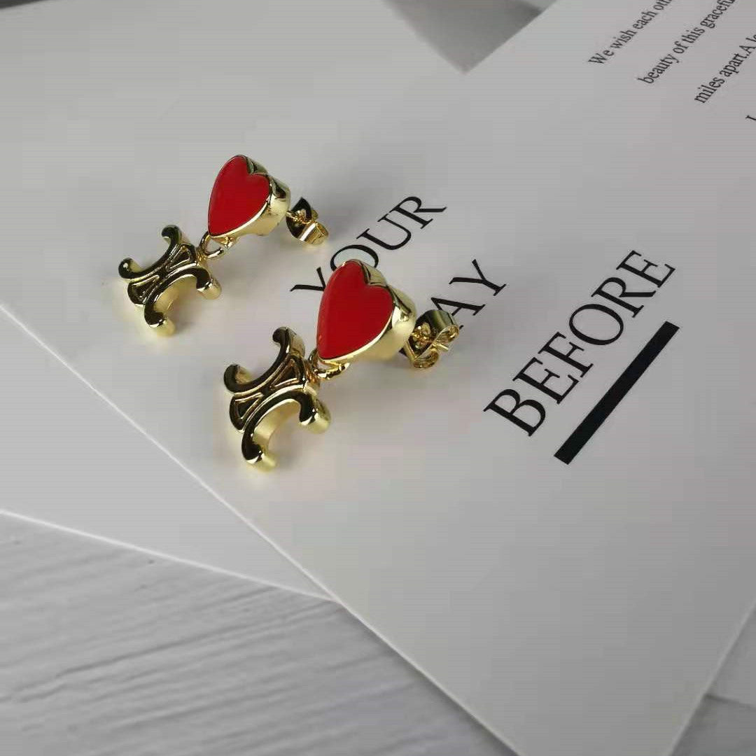 赛家新款红色心形爱心凯旋门耳钉耳环造型时尚百搭减龄时髦精耳饰