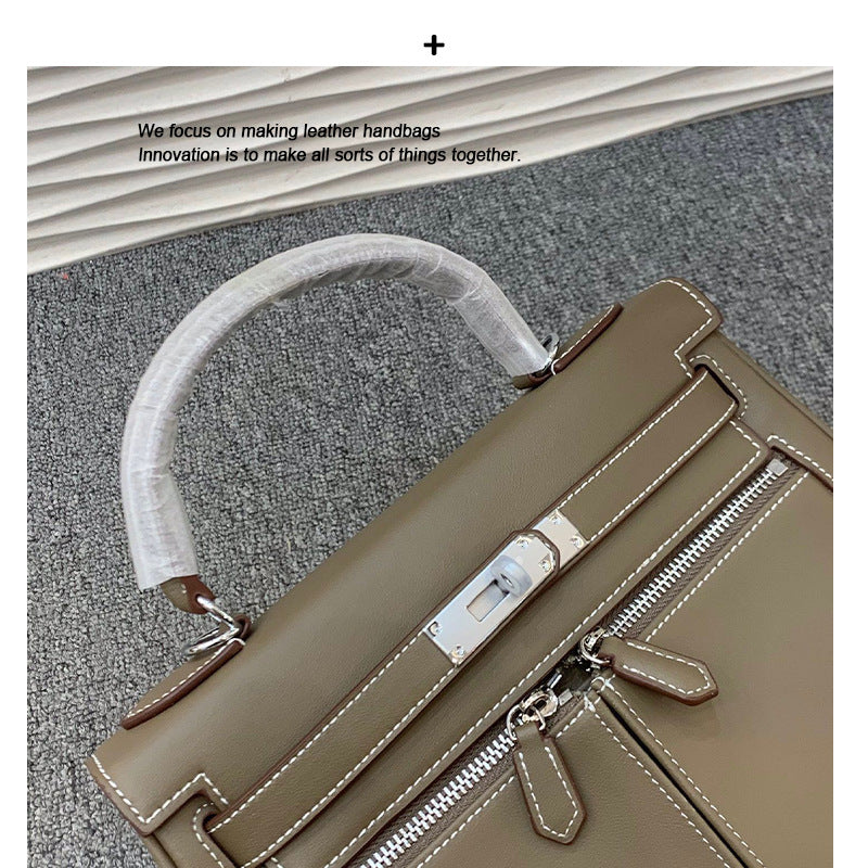 真皮复古双口袋凯莉包包女高级感大容量手提包百搭通勤单肩斜挎包