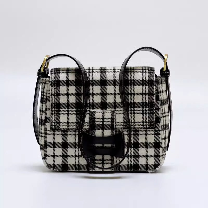 Get格纹头层马毛拼油蜡牛皮时髦又飒飒单肩女磨砂皮复古邮差包包