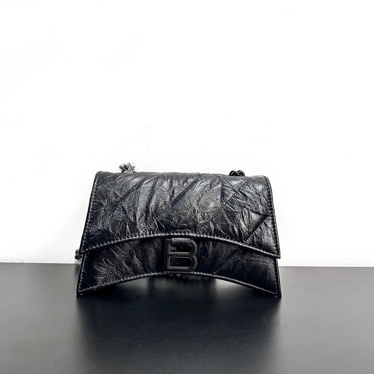 高级感头层牛皮沙漏包2023春夏新款褶皱菱格链条包单肩斜挎包女