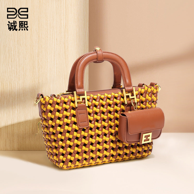 秋冬新款拼色手工编织包复古时尚单肩斜跨包休闲百搭三合一手提包