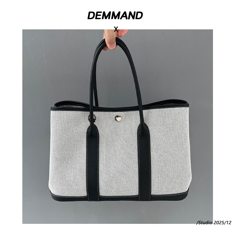 2025帆布女新款手提包时尚休闲通勤大容量头层牛皮撞色花园托特包