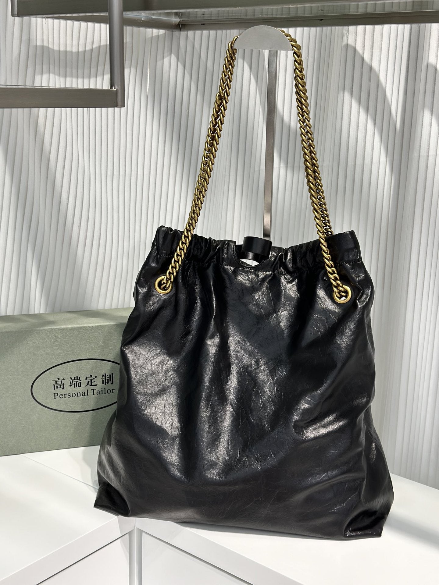 ins风慵懒随性手抓纹头层植鞣牛皮 链条单肩托特大包高质感垃圾袋