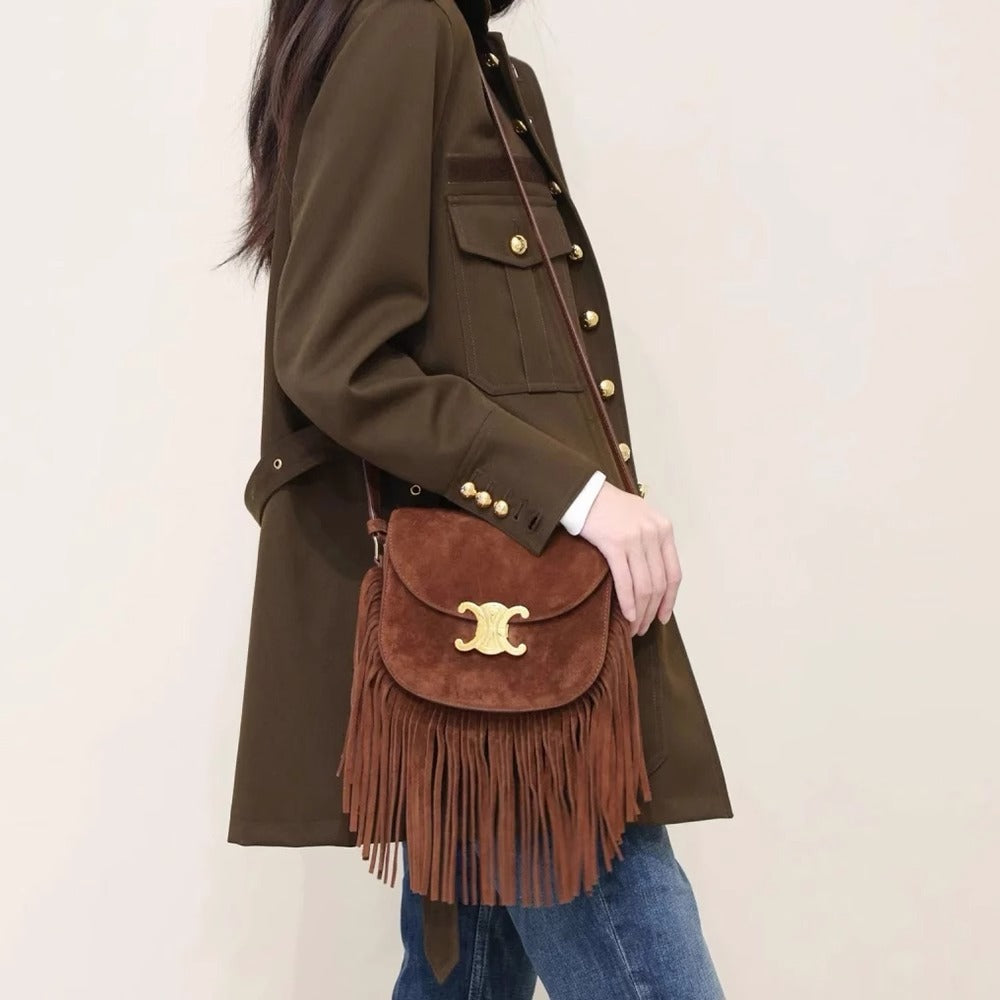 小众设计凯旋门流苏马鞍包2023新款美拉德复古麂皮绒链条斜跨小包