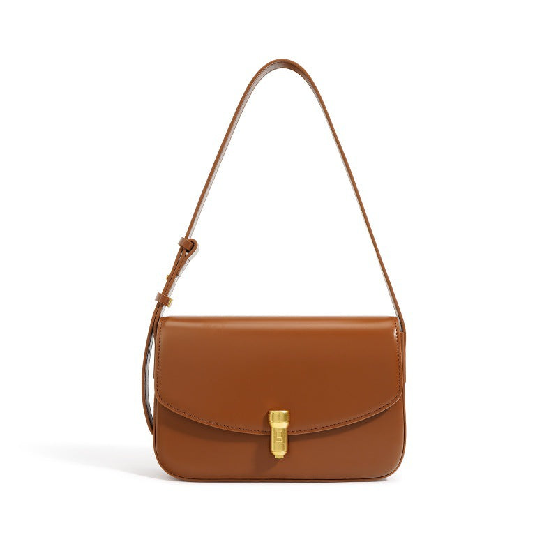 高级感牛皮小方包 秋季质感子弹头斜挎小包包复古真皮单肩腋下包