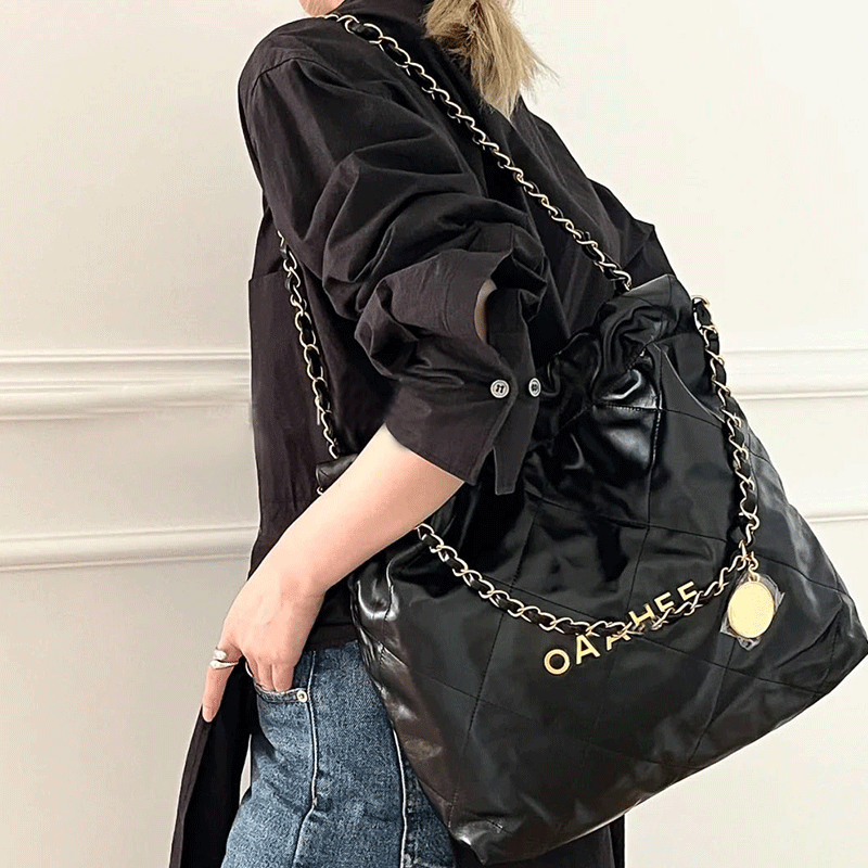 小香黑银垃圾袋包2023新款真皮托特包高级感大容量单肩菱格链条包