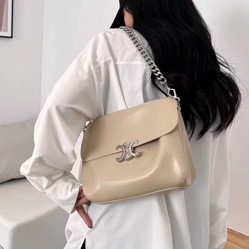 新款凯旋门软皮翻盖公文包单肩斜挎真皮子母包链条斜挎包无痕代发