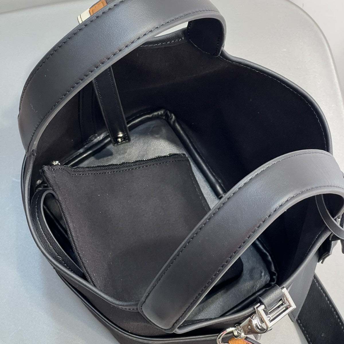 小众设计蜡线菜篮子帆布拼接平纹真牛皮口袋包手提手拎女包水桶包