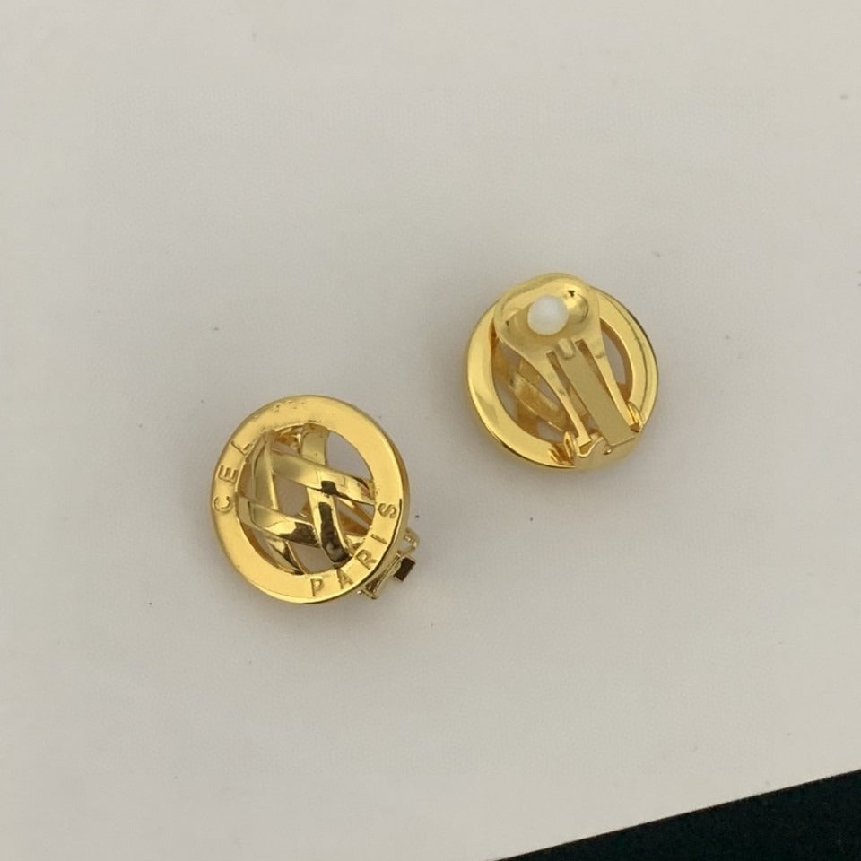 赛林家新款字母编织耳夹女中古vintage风CEL黄铜无耳洞格纹耳环