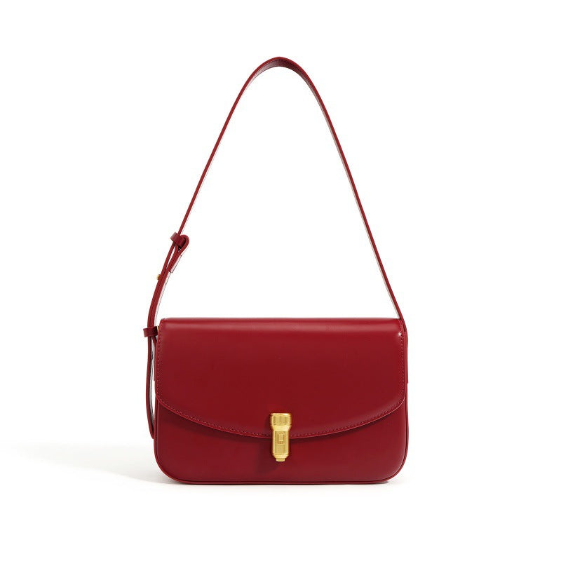 高级感牛皮小方包 秋季质感子弹头斜挎小包包复古真皮单肩腋下包