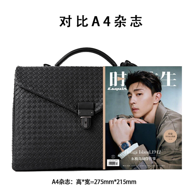 X&BV男士手提包商务翻盖公文包男真皮休闲牛皮编织男包手拎电脑包
