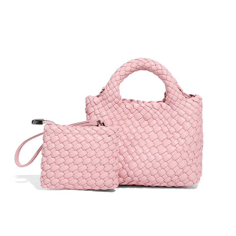 时尚百搭小清新手拎编织女包休闲纯色菜篮子单肩斜挎包手提子母包