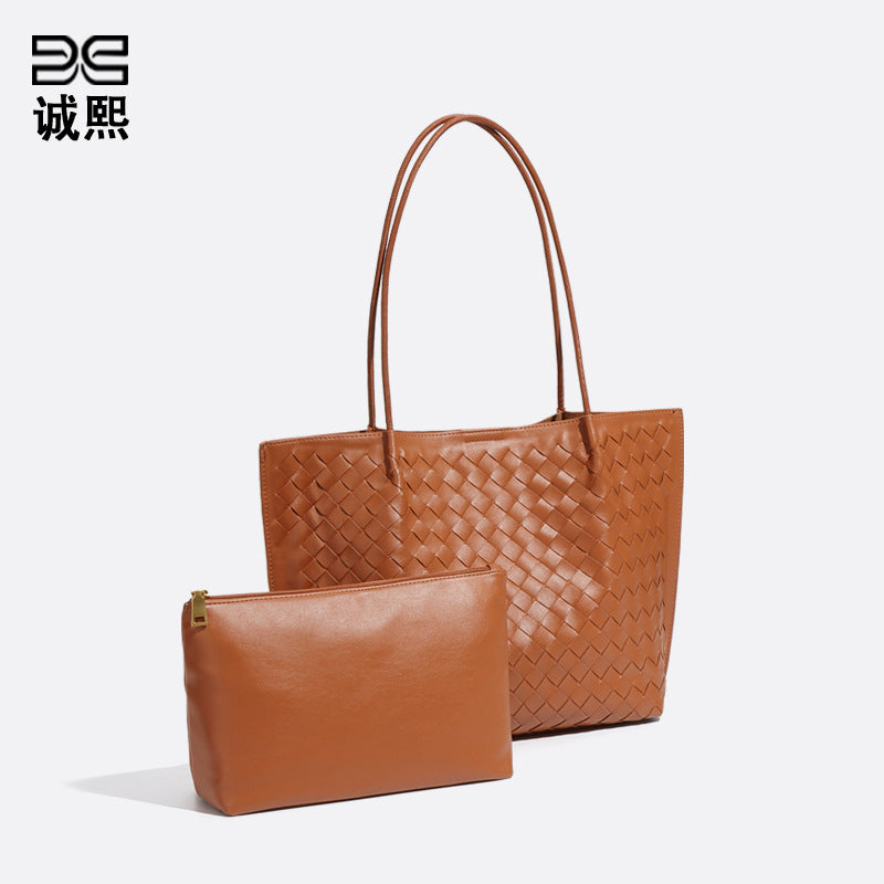 跨境大容量手提托特包秋冬新款子母手工编织包复古潮流单肩腋下包