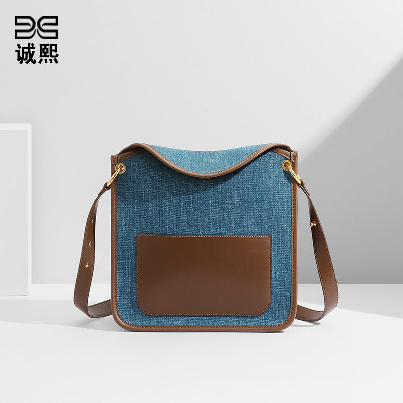 小众设计原创包包女牛仔布撞色复古大容量背包托特包单肩包斜挎包