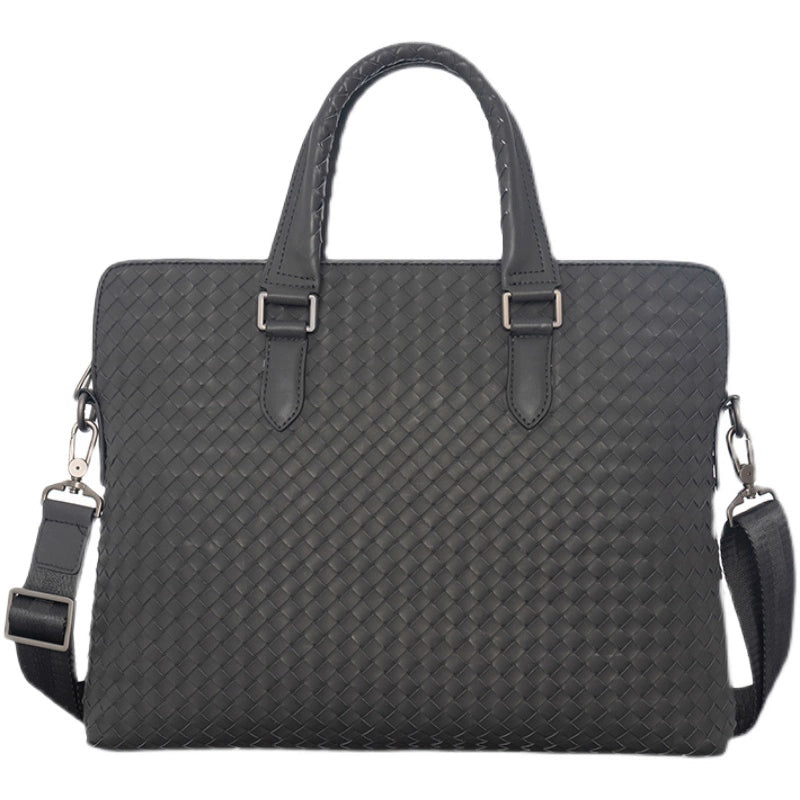 X&BV公文包男商务简约真皮手提包编织潮男士横款单肩斜挎包大容量
