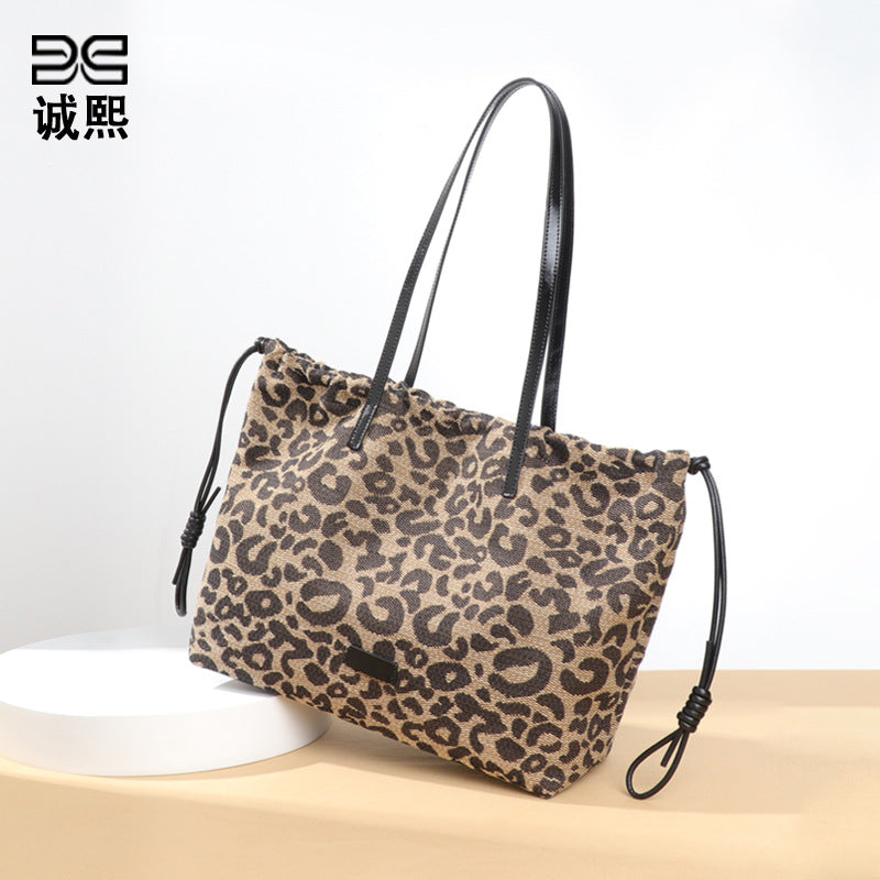 跨境潮流新品豹纹单肩女包手提大容量通勤托特包高级感百搭腋下包