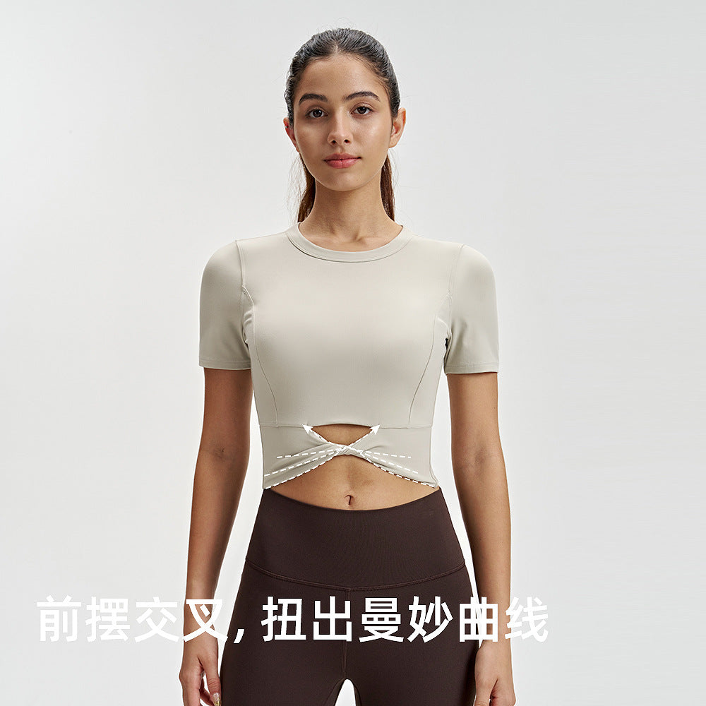 修身瑜伽T恤女lulu短款下摆扭结短袖高弹力露脐运动衫健身服上衣