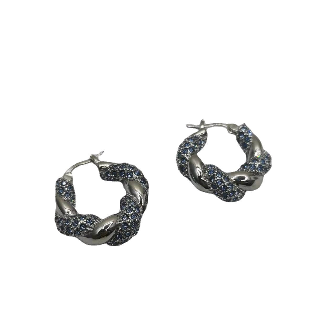 BV家21新款麻花绿钻蓝钻耳环女高级感气质几何形微镶满钻扭扭耳扣