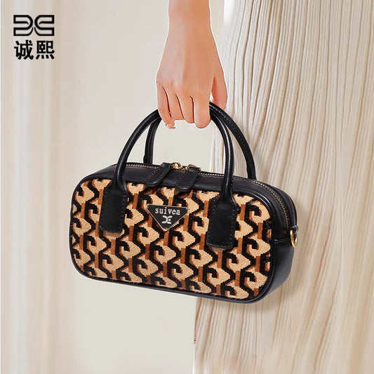 秋冬新款高级感豹纹手提包时尚百搭马毛包包质感通勤单肩斜挎女包