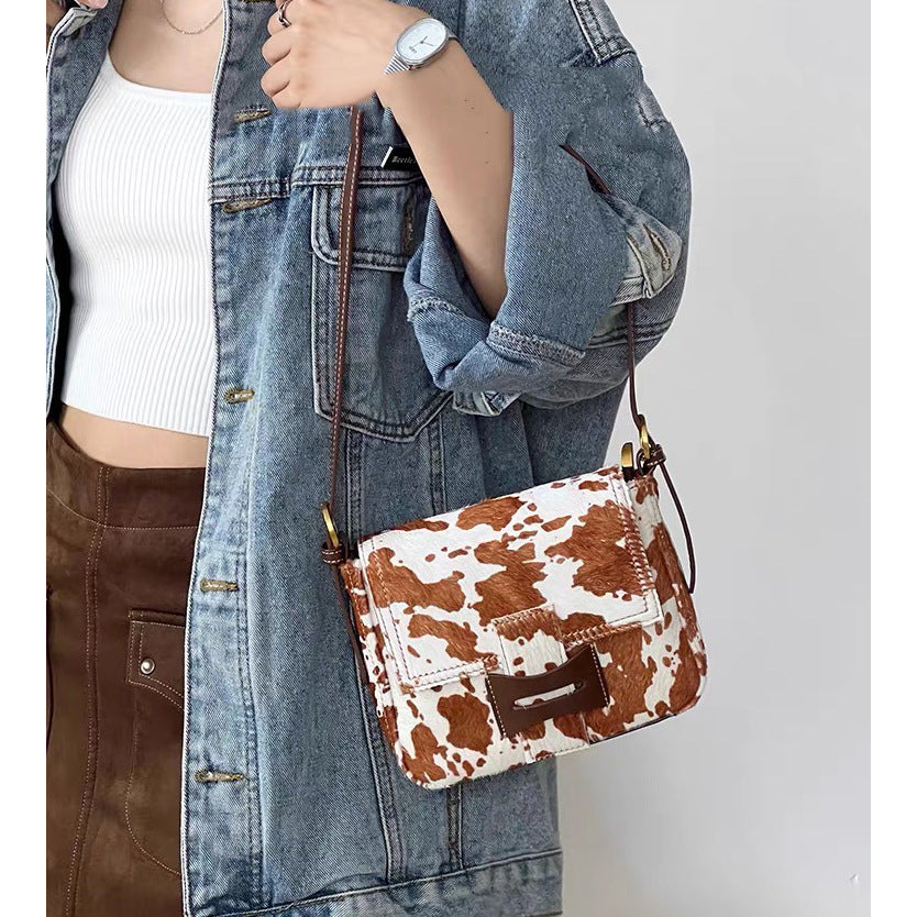 Get格纹头层马毛拼油蜡牛皮时髦又飒飒单肩女磨砂皮复古邮差包包