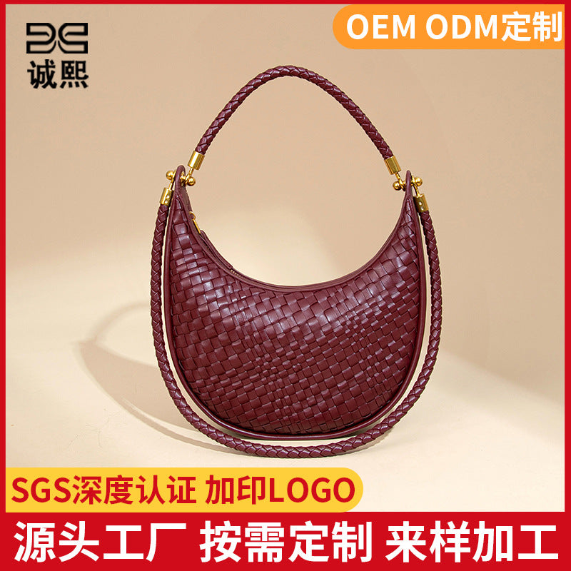 跨境定制贴标斜跨编织女包纯色质感手提单肩腋下包小众月牙饺子包