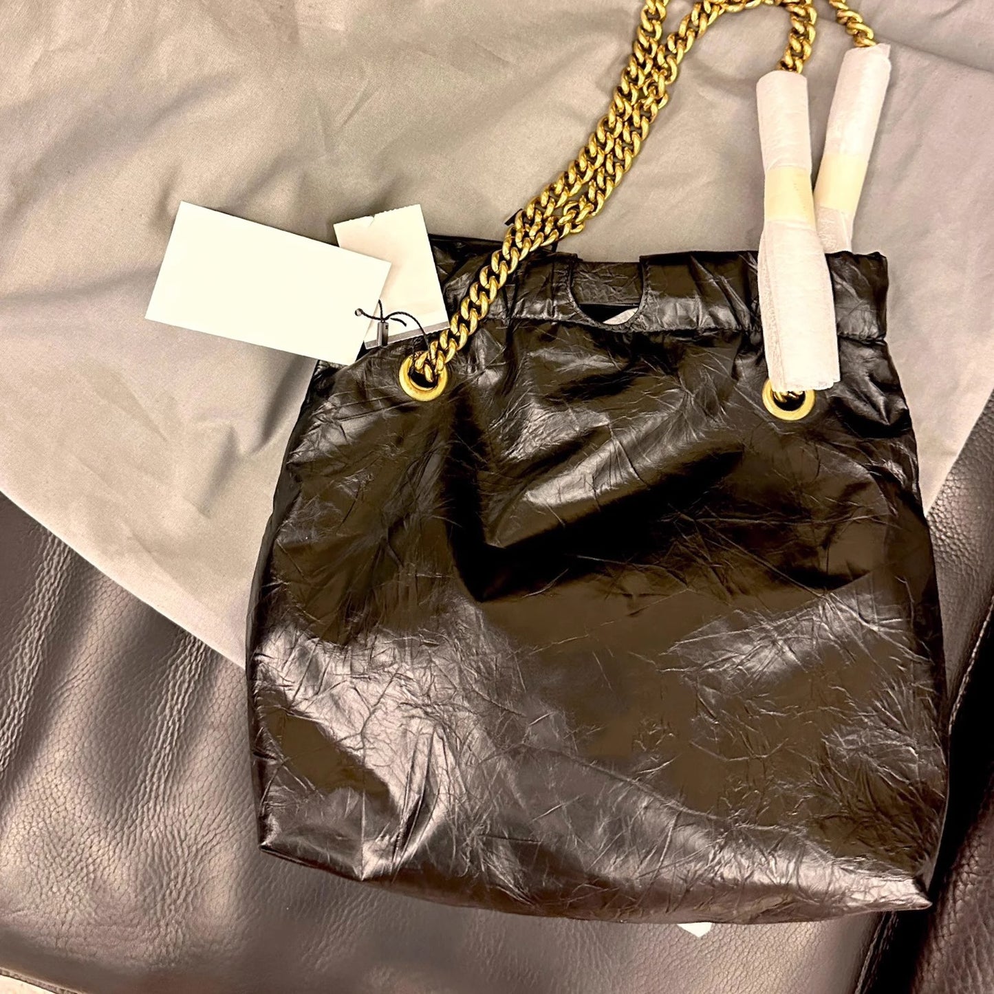 ins风慵懒随性手抓纹头层植鞣牛皮 链条单肩托特大包高质感垃圾袋