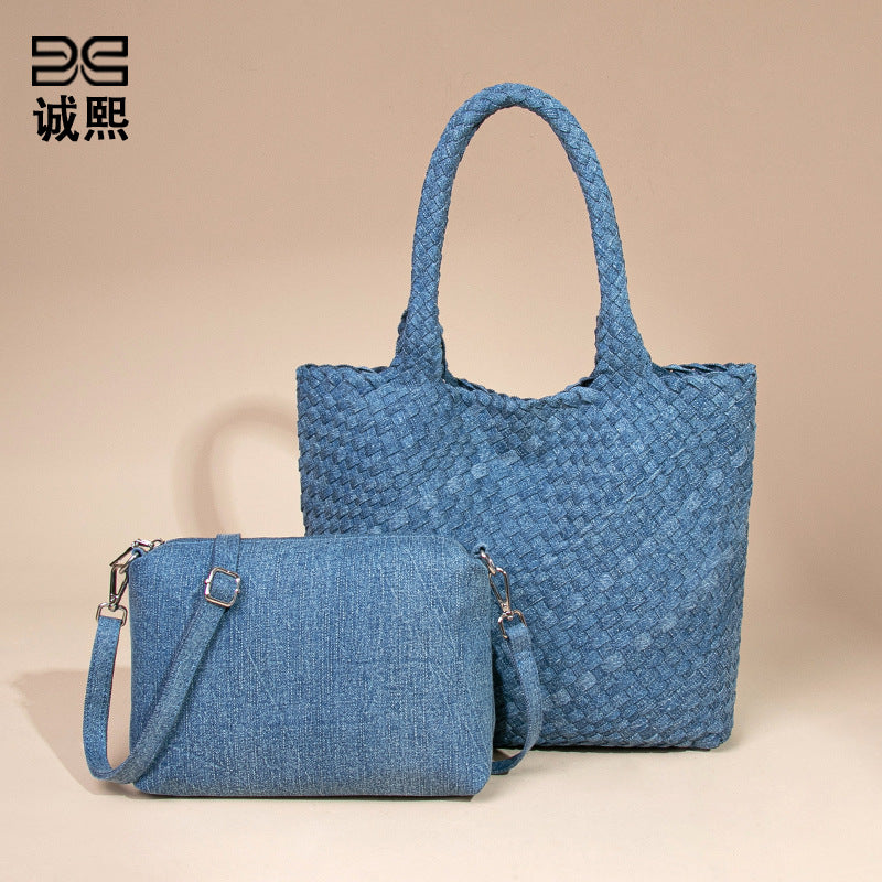 韩版牛仔布手工编织包包高级感单肩斜挎腋下包手提菜篮子母托特包