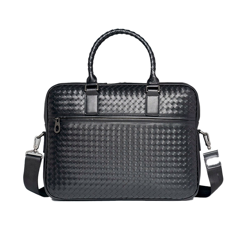 X&BV手提包男商务电脑包大容量编织男包单肩挎包包男士公文包真皮