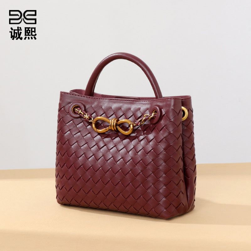 纯色百搭新款手工编织女包时尚通勤手提包链接单肩斜挎托特小方包