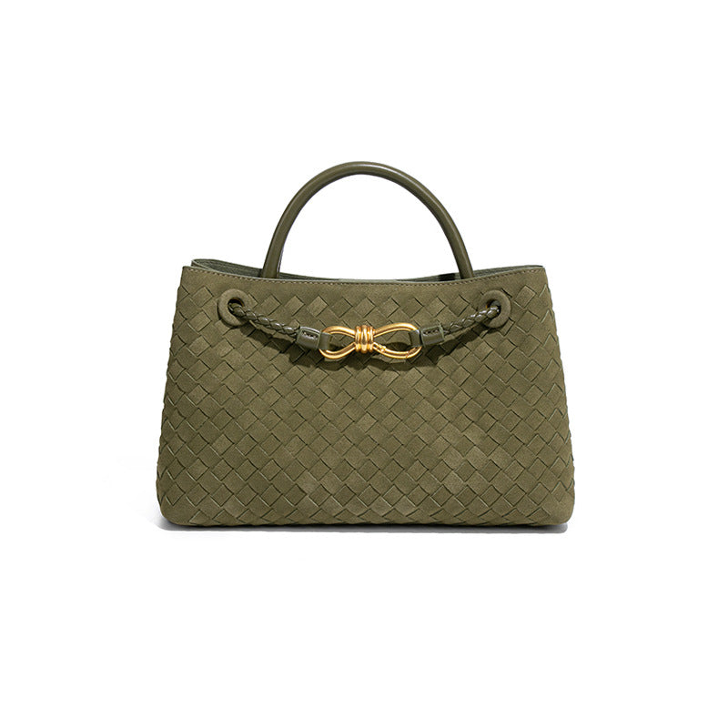 跨境新款手工编织包包横款磨砂麂皮绒手提女包复古潮流单肩斜跨包