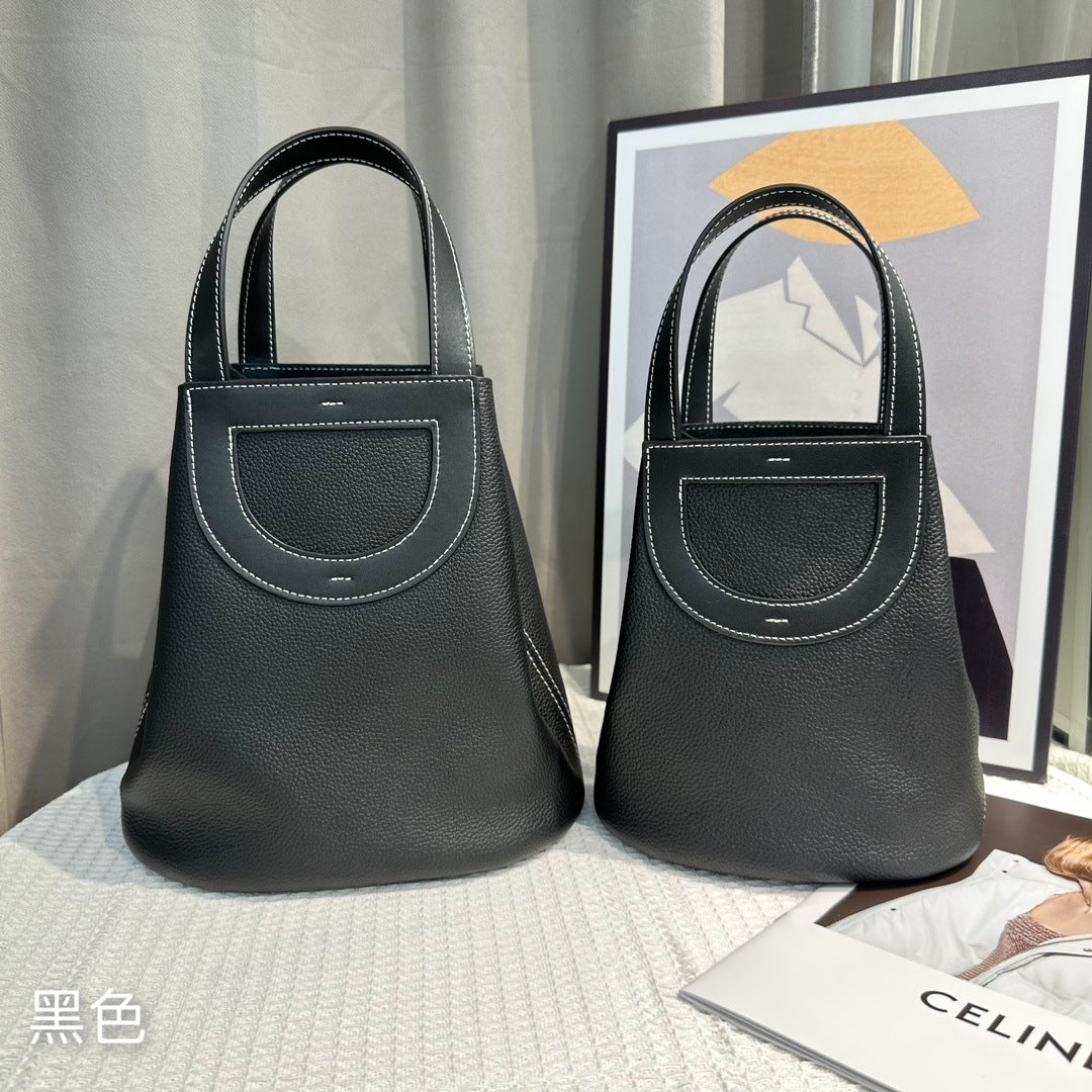 头层牛皮菜篮子手提包宽肩带包包女包高级简约百搭感单肩斜挎包