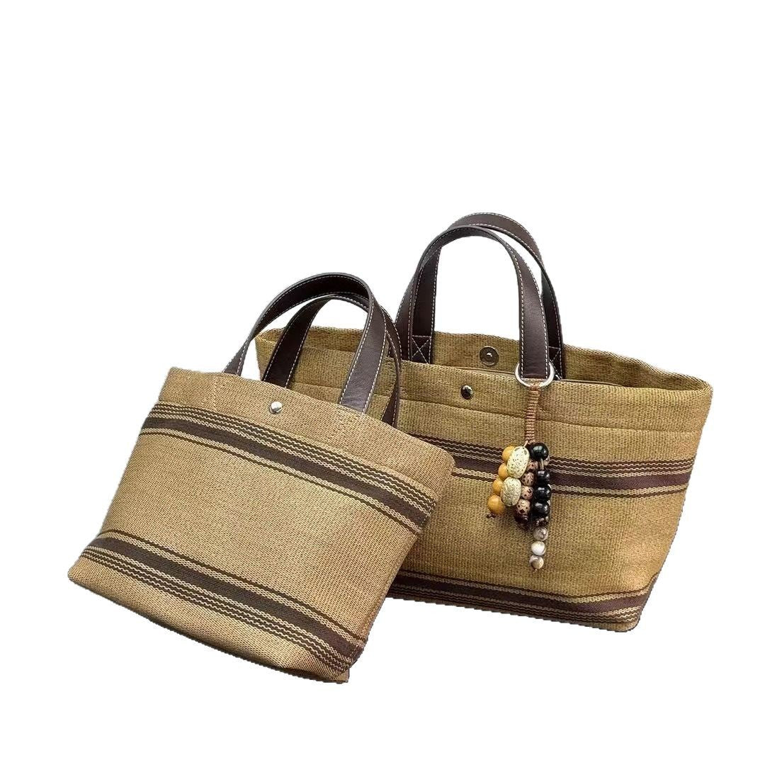 草编包日系网红款复古新款牛皮单肩包大容量托特包条纹手提斜挎包