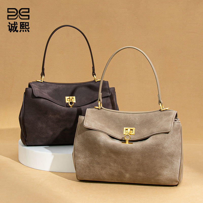 小众百搭磨砂新款凯莉包高级感手提麂皮绒女包个性潮流单肩斜挎包