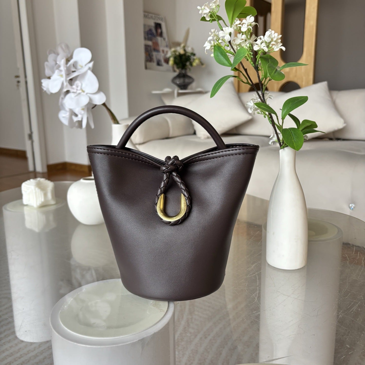 2025新款跨境编织绳结水桶包真皮手拎菜篮子包单肩斜挎小包包女