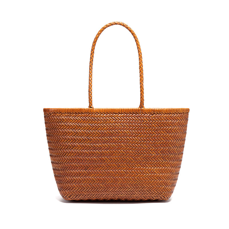 工厂定制新款菜篮子单肩女包真皮手工编织包手提大容量休闲腋下包